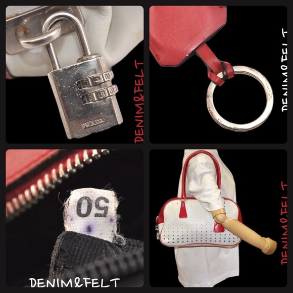 Prada Vintage White/ Red Leather 2000’s Bowling Bag/Perforated Vitello Bag |RARE - Picture 15 of 16